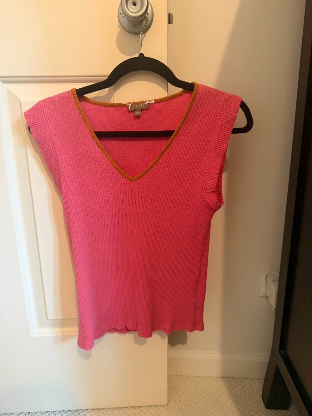 Lilla P Cap Sleeve V-Neck Ribbed Top Pink Contrast Trim Size S